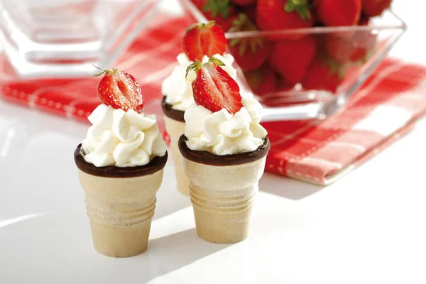 Wafer Ice Cream Cones Cream Strawberries — Zdjęcie stockowe