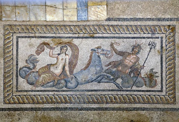 Mosaic Poseidon Abducts Amphitrite Seahorse Hippokampos Hillside Houses Yama Evleri —  Fotos de Stock