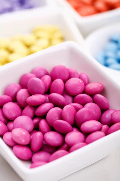 Coloured Chocolate Drops White Bowls — Fotografia de Stock