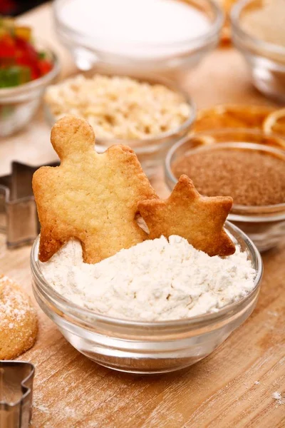 Baked Angel Star Shaped Cookies Bowl Flour Front Other Baking — Foto de Stock