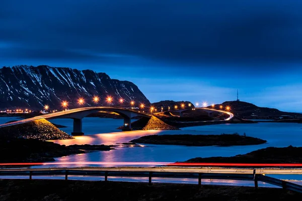 Illuminated Bridge Village Fredvang Meskenesoya Lofoten Norway Europe — Fotografia de Stock