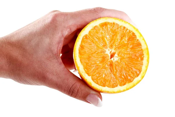 Hand Holding Half Orange — Φωτογραφία Αρχείου