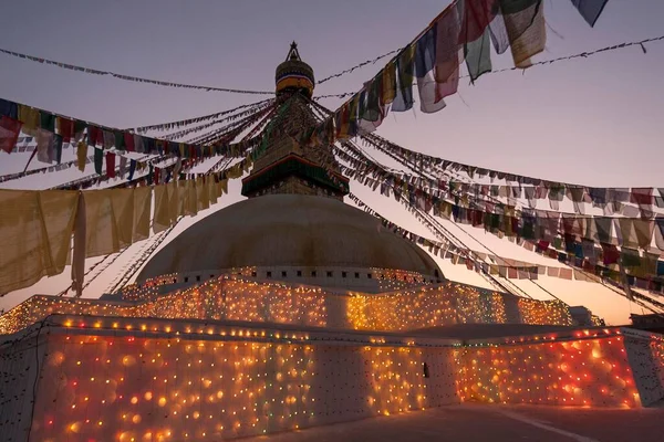 Boudhanath Stupa Dekoriert Mit Gebetsfahnen Und Lichtern Für Das Vollmondfest — Stockfoto