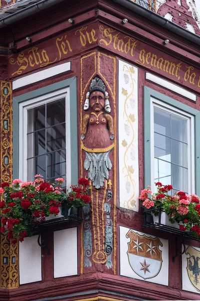 Detalhe Einhardhaus Casa Meia Madeira Histórica Com Figura Ornamentos Janela — Fotografia de Stock