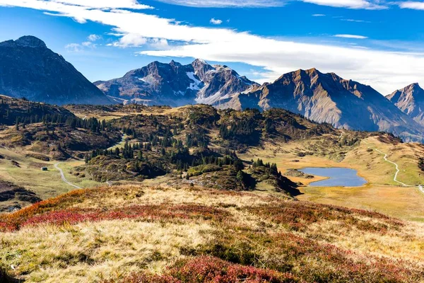 Kalbele Gölü Hochtannbergpass Braunarlspitze Manzaralı 2649 Mohnenfluh 2544 Hochberg 234 — Stok fotoğraf