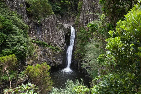 Waterfall Basalt Columns Fazende Santa Cruz Island Flores Azores Portugal — Stock Photo, Image