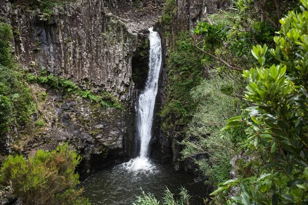 Waterfall Basalt Columns Fazende Santa Cruz Island Flores Azores Portugal — Stock Photo, Image