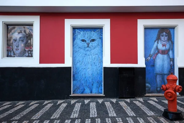 Parede Casa Pintada Com Várias Imagens Cidade Velha Angra Heroísmo — Fotografia de Stock