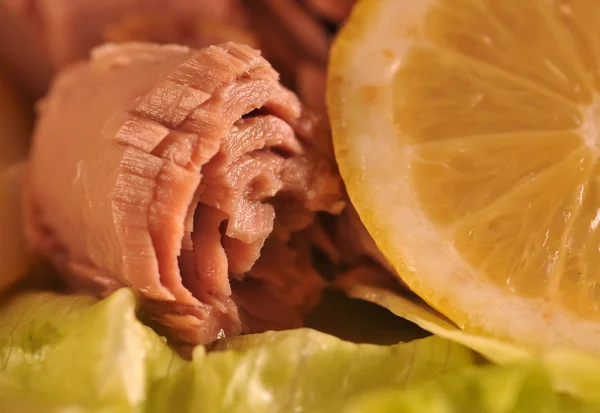 Tuna fish on lettuce laves — Stok fotoğraf