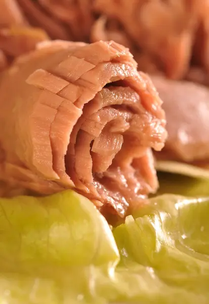 Tuna fish on lettuce laves — Stok fotoğraf