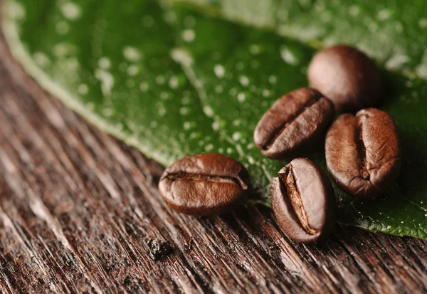 Kávová zrna a listy na dřevěné pozadí — Stock fotografie