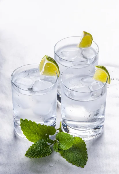 Čisté studené vody s citronem a zelené listy — Stock fotografie