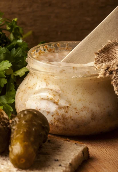 Lard with cracklings in jar — Stok fotoğraf