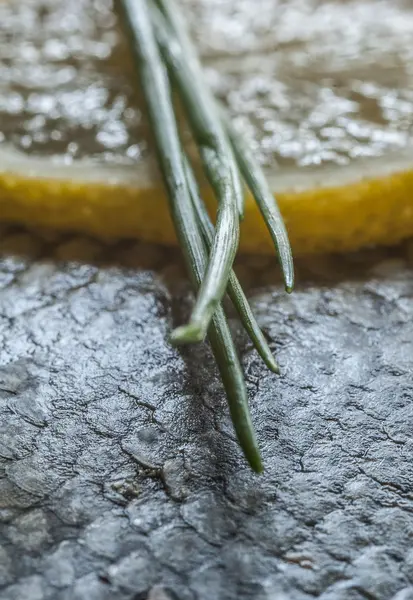 Trozo de pescado con rodaja de limón - primer plano —  Fotos de Stock