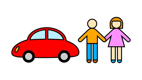 Homme et femme avec voiture rouge — Image vectorielle