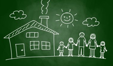 Drawing of house and family on blackboard