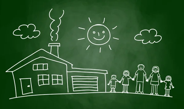 Teckning av hus och familj på blackboard — Stock vektor
