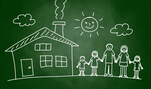 Desenho de casa e família no quadro negro —  Vetores de Stock