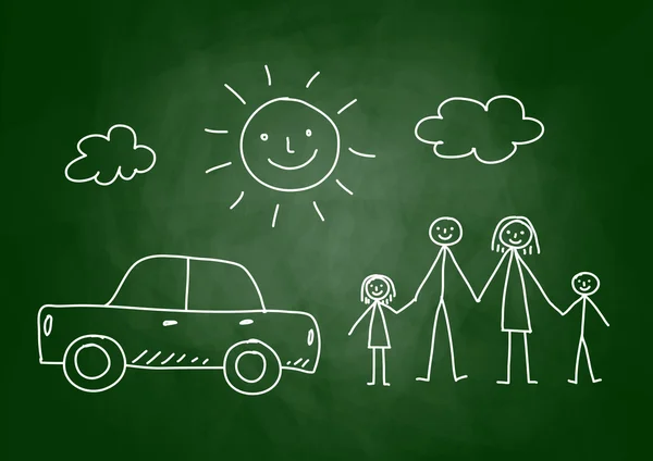 Tekening van familie en auto op blackboard — Stockvector