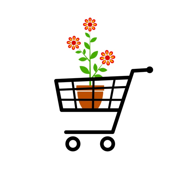 Flor en carrito de compras — Vector de stock