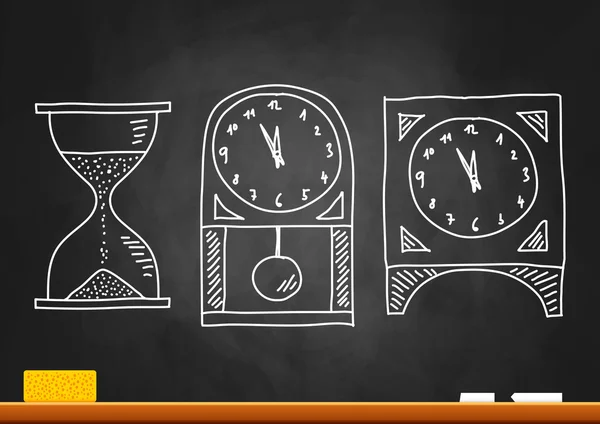 Drawing of clocks on blackboard — Stock Vector