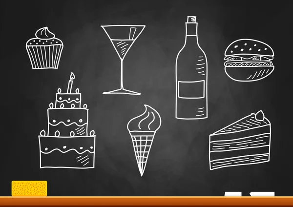 Desenho de comida e bebida no quadro negro — Vetor de Stock