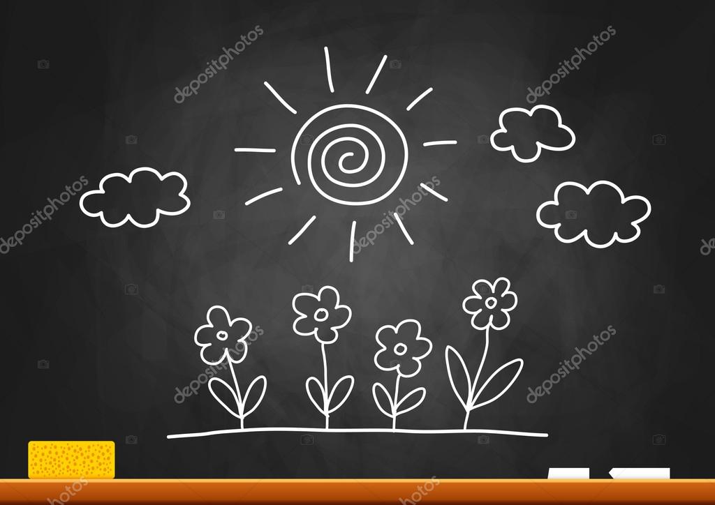 Drawing of sun and flowers on blackboard Stock Vector by ©Anthonycz