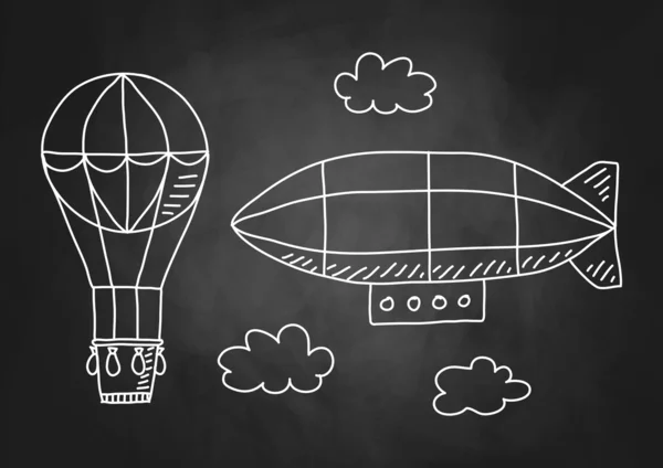 Hete luchtballon en luchtschip op blackboard — Stockvector