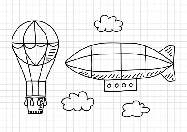 Hete luchtballon en luchtschip op gekwadrateerde papier — Stockvector