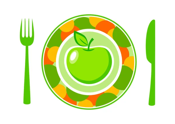 Зеленое яблоко на цветной тарелке — стоковый вектор