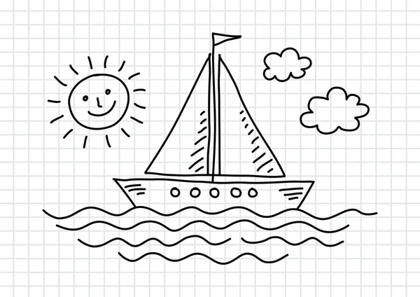 Zeichnung eines Segelbootes auf kariertem Papier — Stockvektor