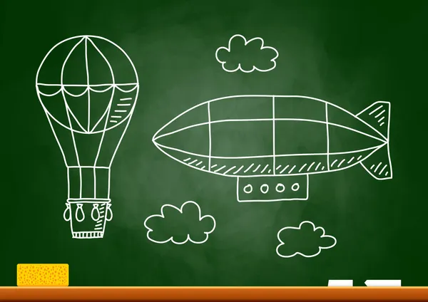 Hete luchtballon en luchtschip op blackboard — Stockvector