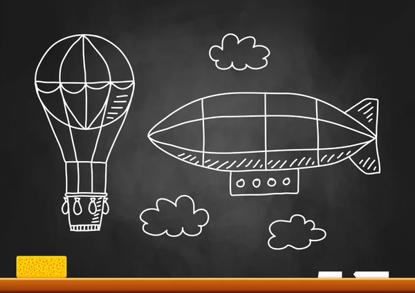 Hete luchtballon en luchtschip op blackboard — Stockvector