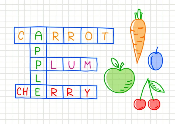 Puzzle de mots croisés de fruits sur papier carré — Image vectorielle
