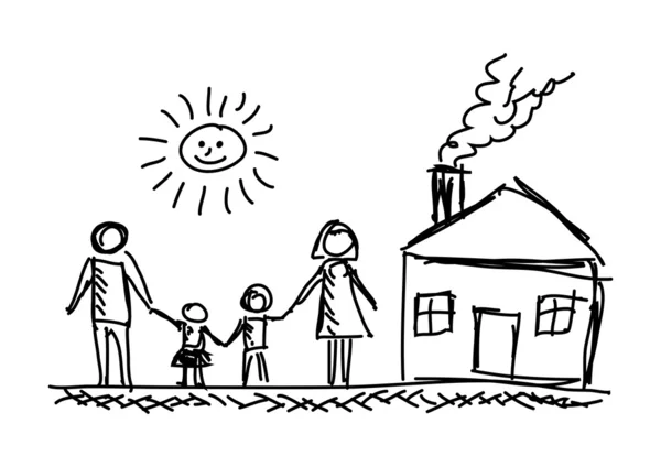 Dibujo de la familia y la casa — Vector de stock