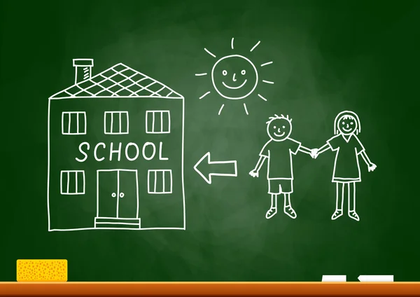 Drawing of children and school on blackboard — Stock Vector