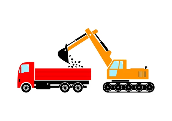 Lastbil och grävmaskin på vit bakgrund — Stock vektor