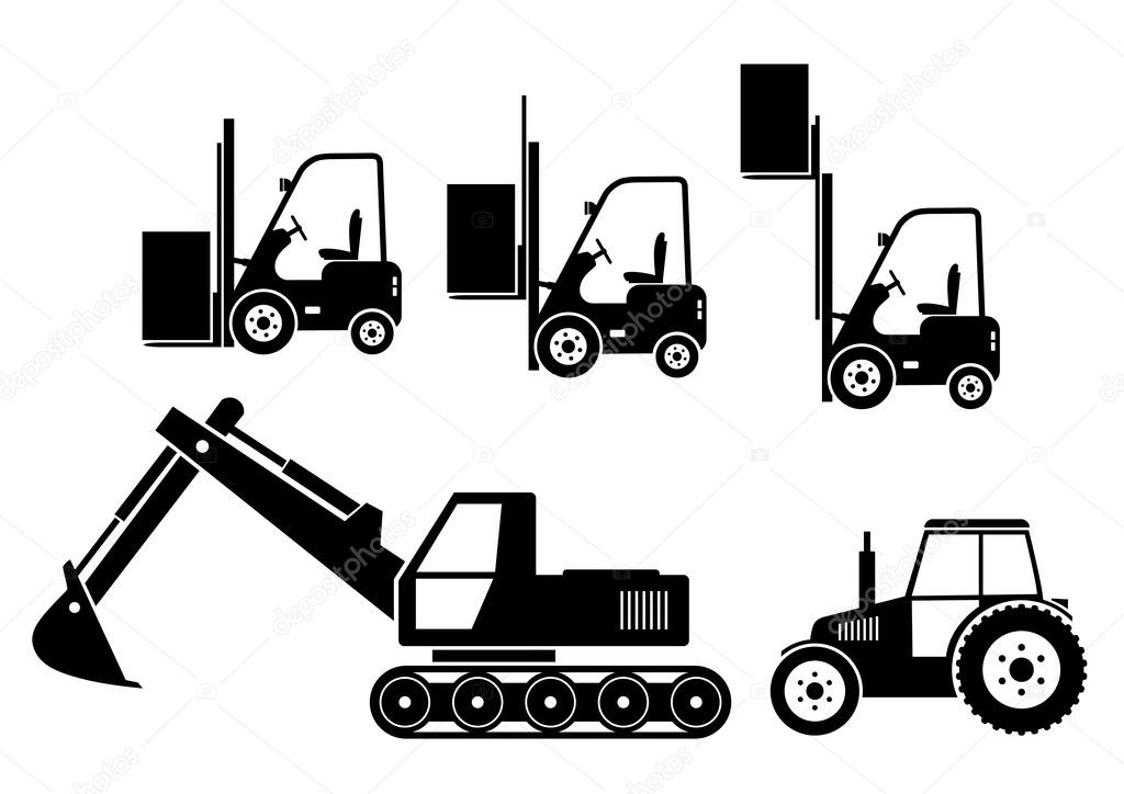 Tractor, excavator and forklift on white background  