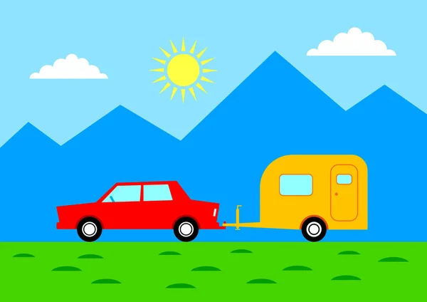 Voiture avec caravane dans un paysage montagneux — Image vectorielle
