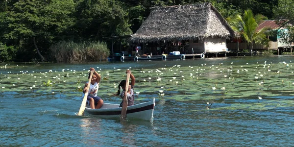 Děti jsou veslování v malém člunu poblíž bílé lilie. — Stock fotografie