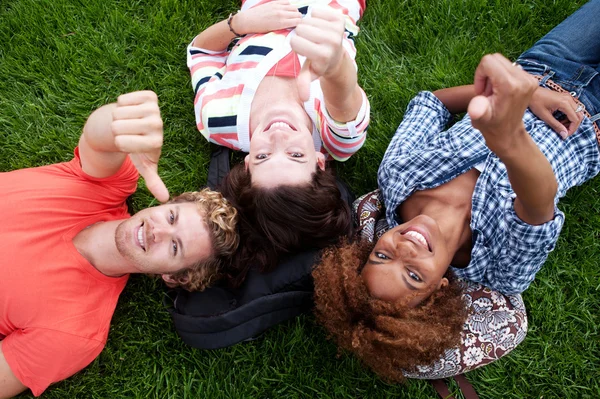 Group of happy college students in grass — Stock Photo, Image