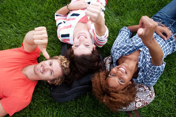 Groep van gelukkige studenten in gras Stockfoto