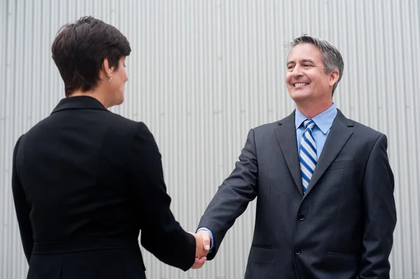 Businesswoman shaking hands with businessman — Stock Photo, Image