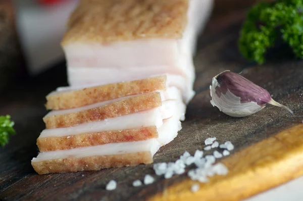 Sliced pork salted lard close up — Stock Image Sliced pork salted lard close up Royalty Free Stock Photos
