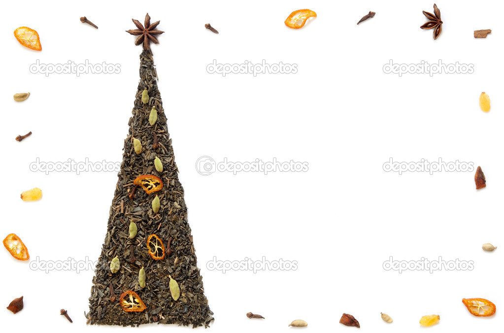 Christmas tree postcard made of tea