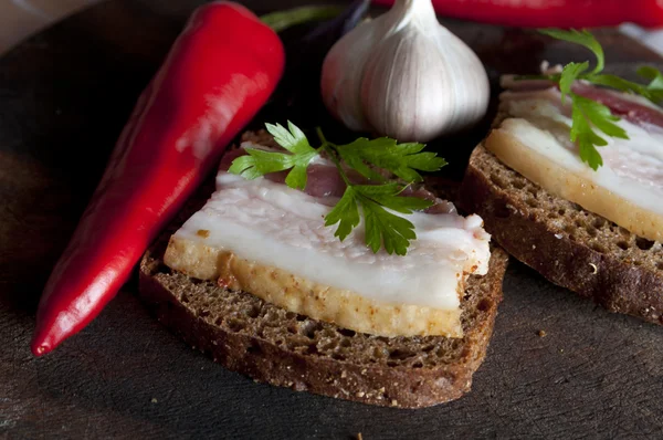 Tasty sandwich with salted lard (salo) — Stock Photo, Image