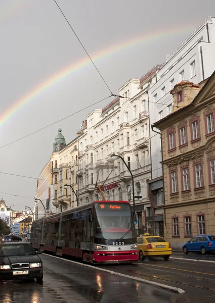Prague cityscape with rainbow — Stock Photo, Image