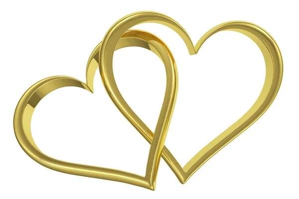 Par de corações de ouro encadeadas vista frontal — Fotografia de Stock