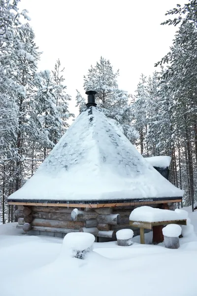 ピラミッド形の屋根を持つ小さい木製の丸太小屋 — ストック写真