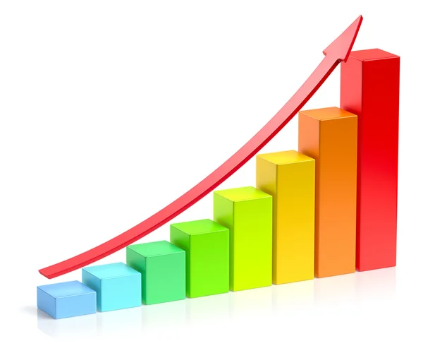 Rostoucí barevné pruhový graf s červenou šipkou obchodní úspěch conce — Stock fotografie